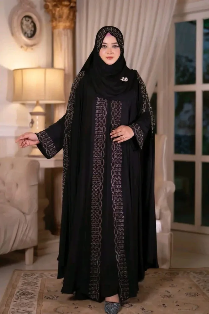 Premium Abaya Borka with DMC Stone Work & Matching Hijab (Dubai Cherry Fabric) - Shopemart 1