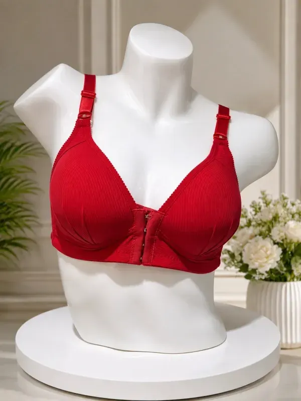 Red Front Closure Full Coverage Wide Strap Comfort Bra