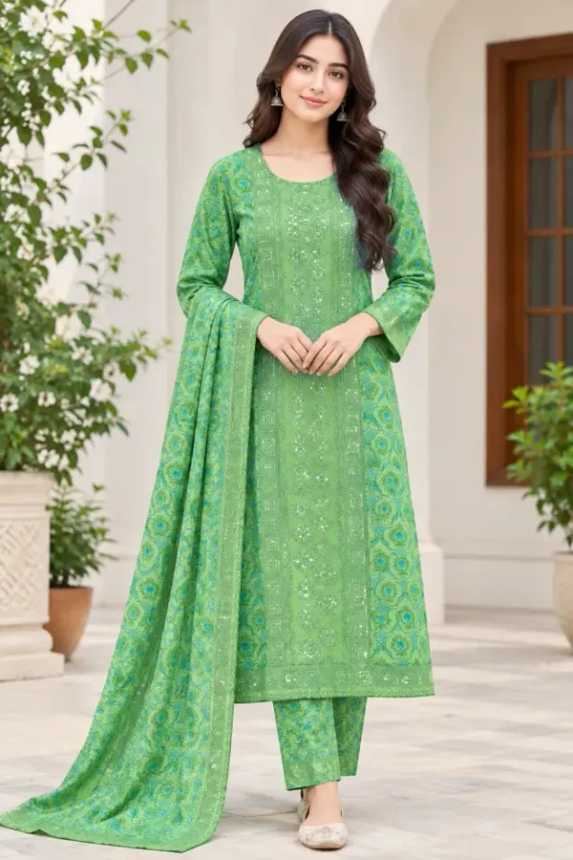 Green Cotton Block Print Ready-Made 3-Piece Salwar Kameez