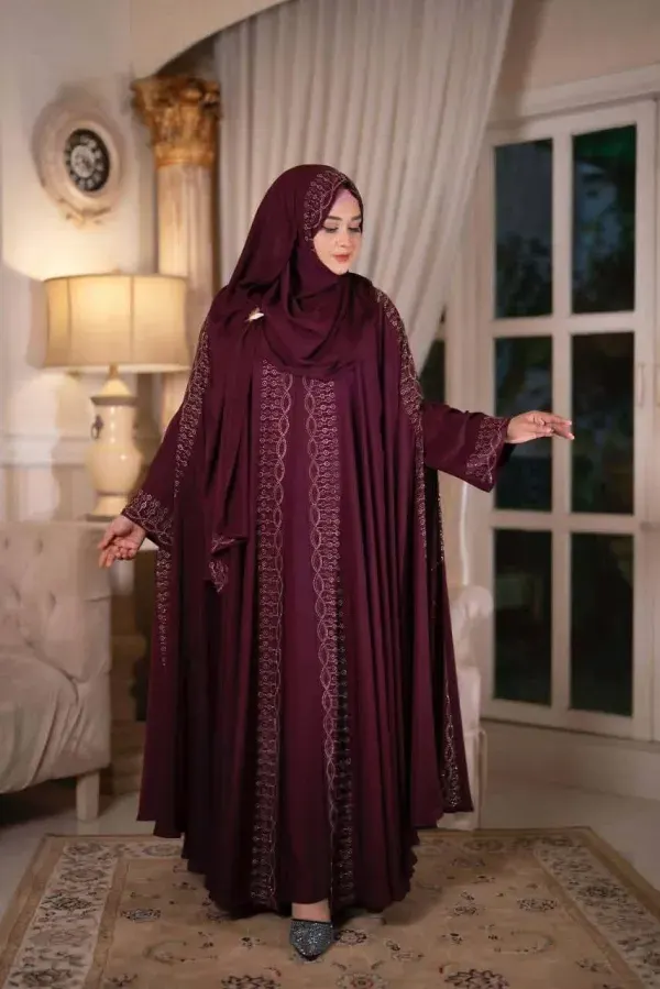 Purple Premium Abaya Borka with DMC Stone Work & Matching Hijab (Dubai Cherry Fabric)
