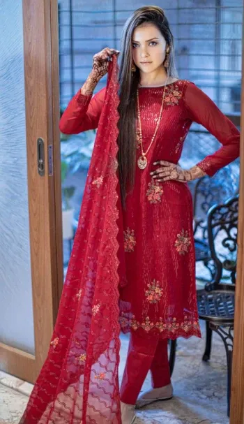Maroon Luxury Embroidered Weightless Georgette 4-Piece Set for Women - Shopemart 1