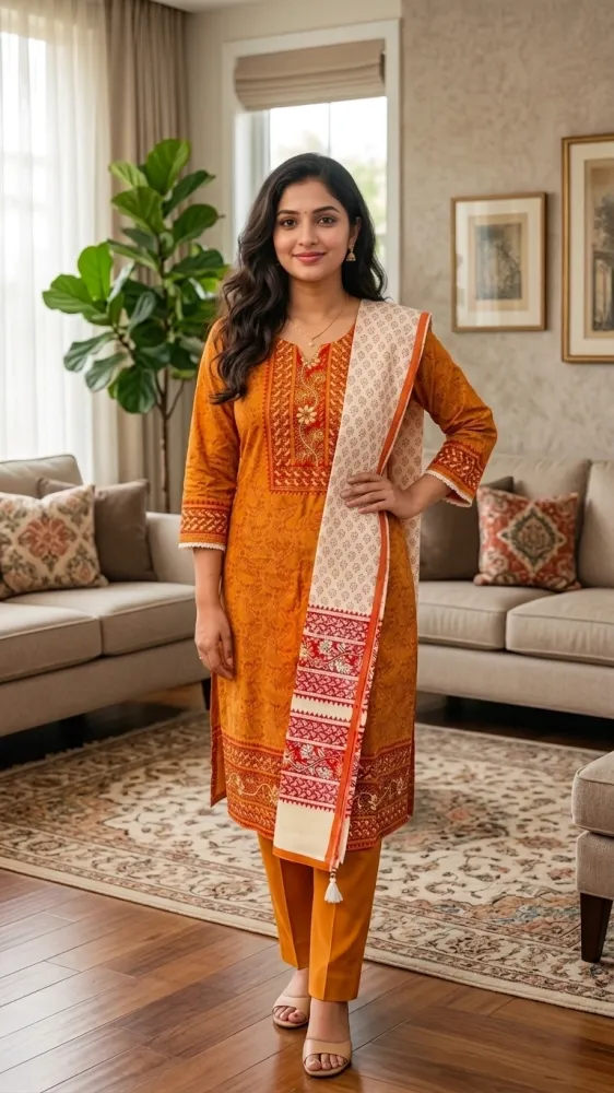 Orange & Cream Cotton Block Print 3-Piece Salwar Kameez