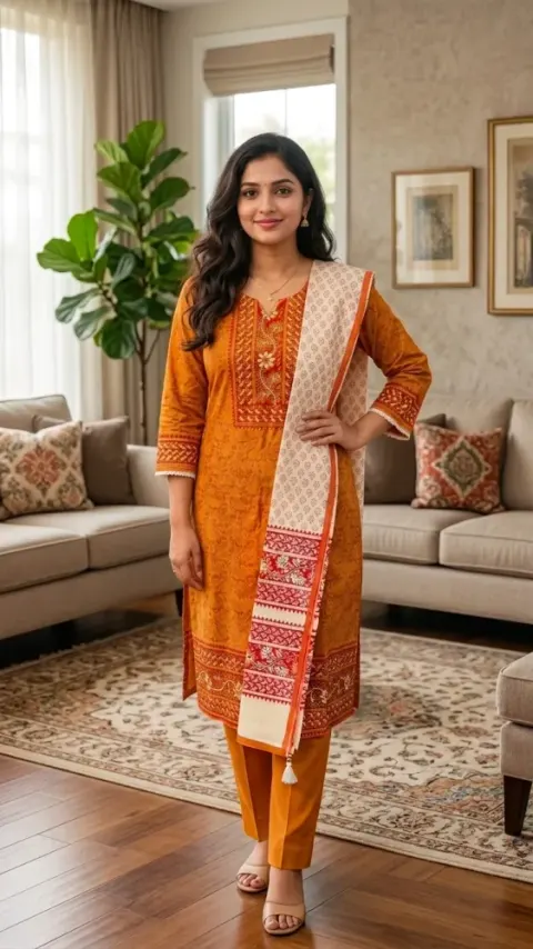 Orange & Cream Cotton Block Print 3-Piece Salwar Kameez