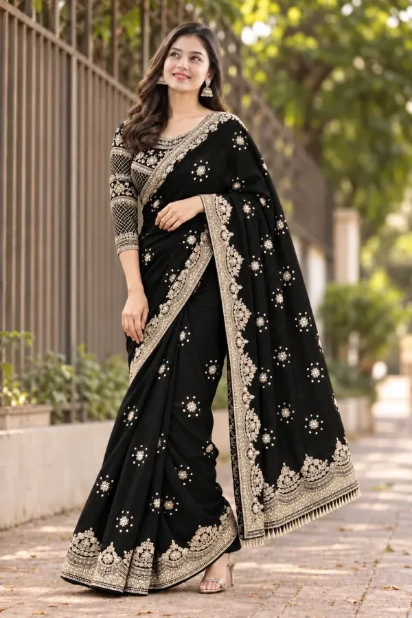 Black Luxury Bridal Georgette Saree with Heavy Embroidery & Sequin Work Designer Blouse