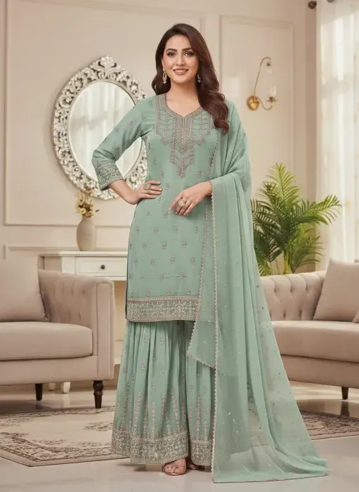 Embroidered Georgette Sharara Suit Set - Shopemart 1