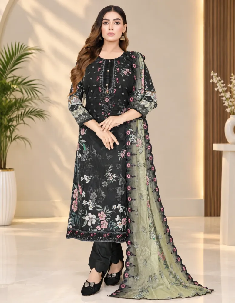 Black Soft Cotton Digital Print Embroidered & Sequin Work 3-Piece Salwar Kameez