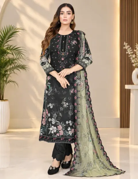 Black Soft Cotton Digital Print Embroidered & Sequin Work 3-Piece Salwar Kameez