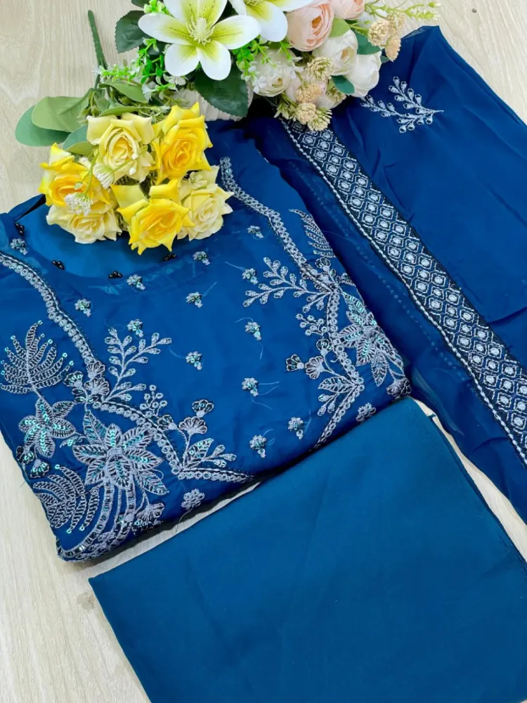 Teal Blue Georgette Semi Stitched Salwar Suit - Shopemart 1