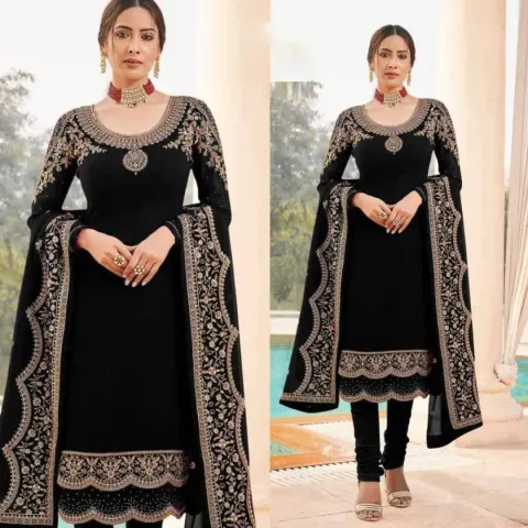 Black Embroidered Georgette Semi-Stitched Salwar Suit