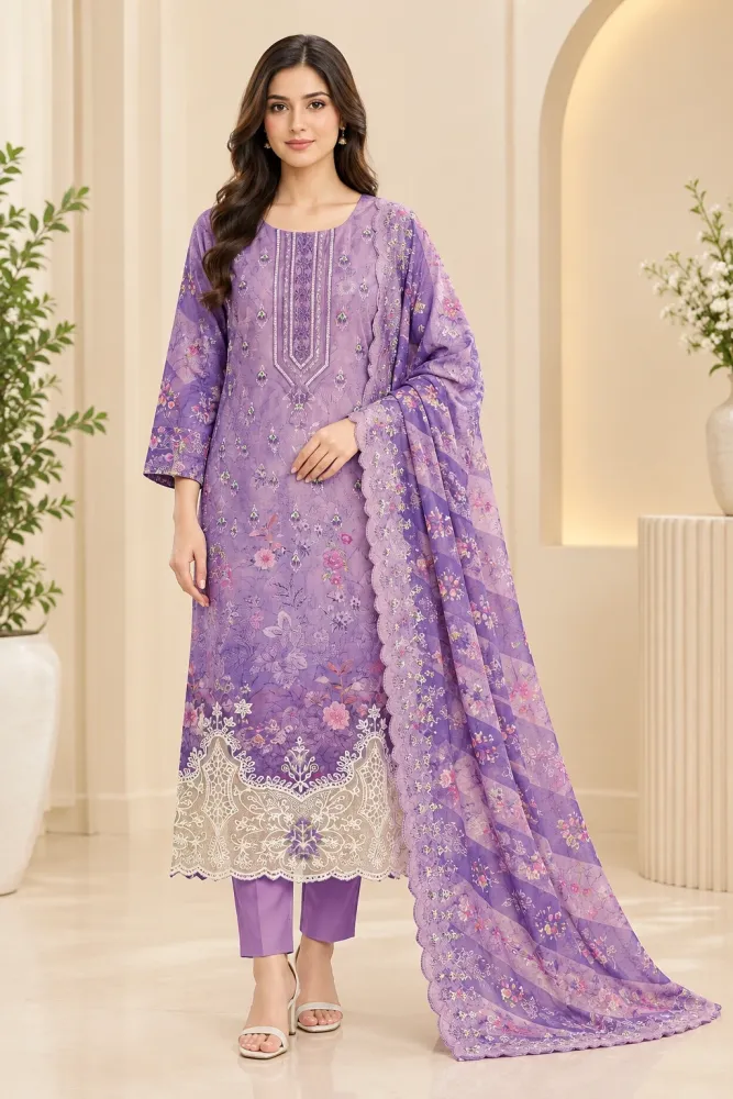 Lavender Soft Cotton Digital Print Embroidered 3-Piece Salwar Kameez