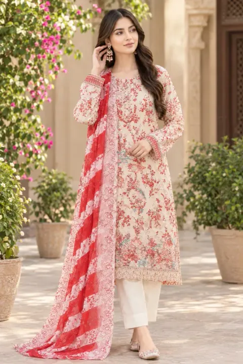 Cream & Red Soft Cotton Digital Print Embroidered 3-Piece Salwar Kameez