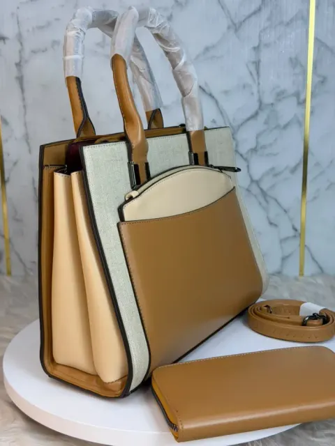 Premium Canvas & PU Leather Women's Tote Handbag with Wallet & Shoulder Strap - Shopemart 1