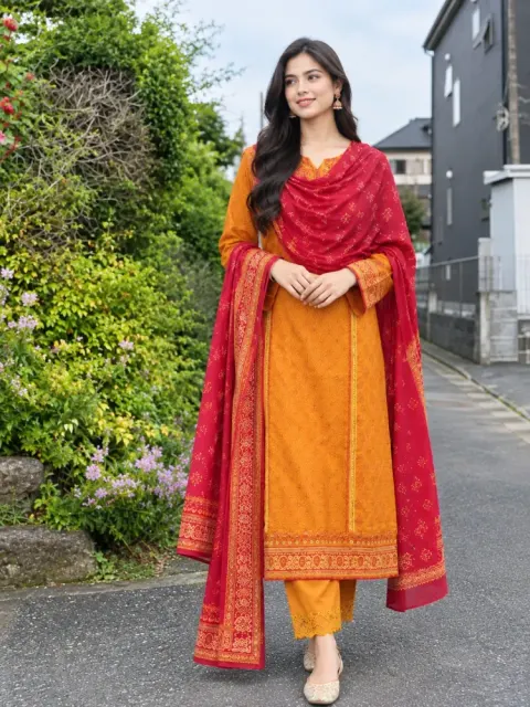 Orange & Red Cotton Block Print 3-Piece Salwar Kameez