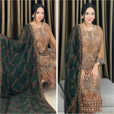 Caramel Brown Embroidered Georgette Semi-Stitched Salwar Suit