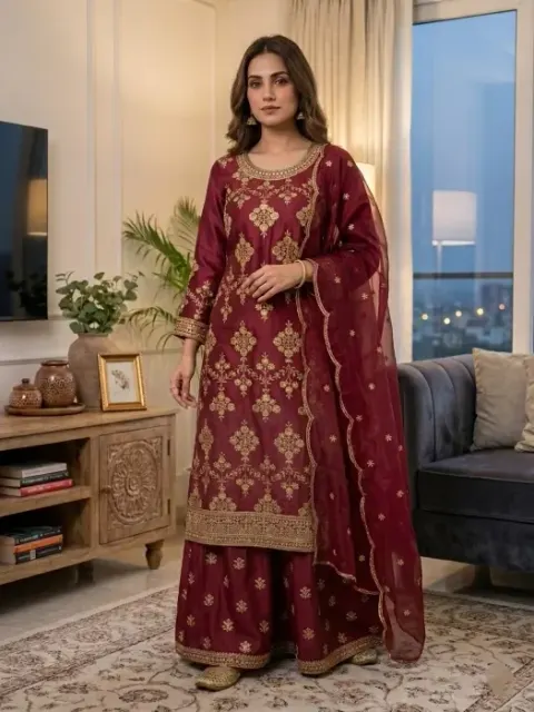 Embroidered Jimmy Chu Georgette Sharara Suit - Shopemart 1