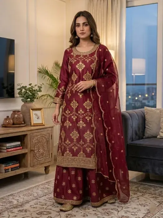 Embroidered Jimmy Chu Georgette Sharara Suit - Shopemart 1