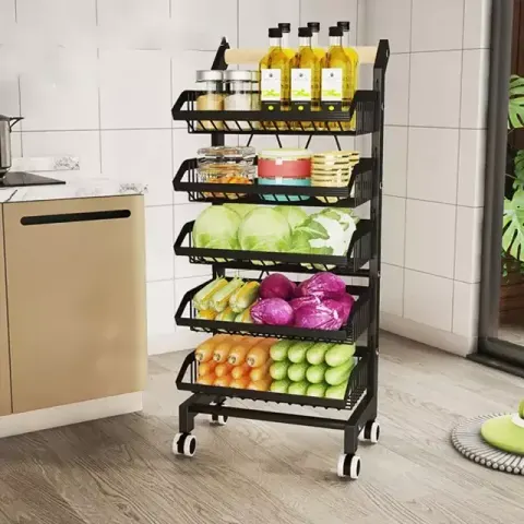 5 Layers Adjustable Kitchen Storage Rack Mesh Metal Vegetable And Fruit Baskets Trolley