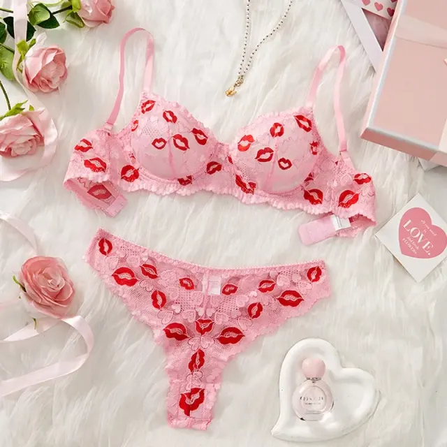 Pink Lip Print Lace Bra & Panty Set (লিপ প্রিন্ট লেইস ব্রা ও প্যান্টি সেট)