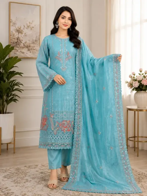 Sky Premium Embroidered Jimmy Chu Georgette 4-Piece Set for Women
