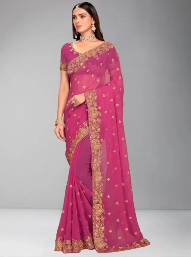 Luxury Designer Saree with Embroidery & Golden Zari Work - Shopemart 1
