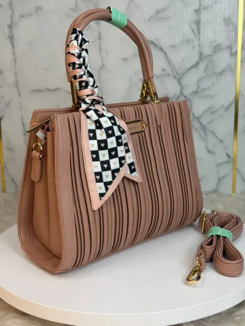 Premium Women's Textured PU Leather Handbag with Silk Scarf & Shoulder Strap - Shopemart 1