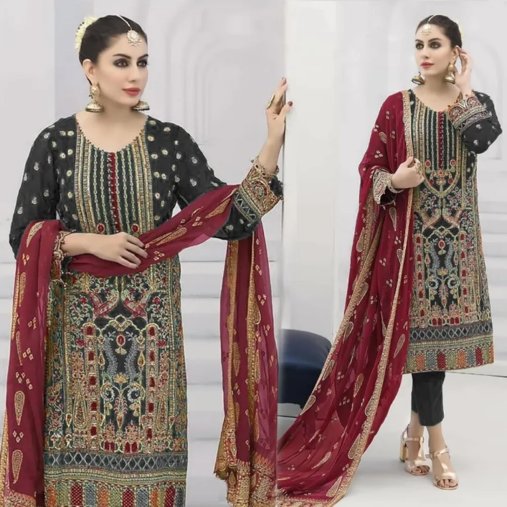 Black & Red Embroidered Georgette Semi-Stitched Salwar Suit
