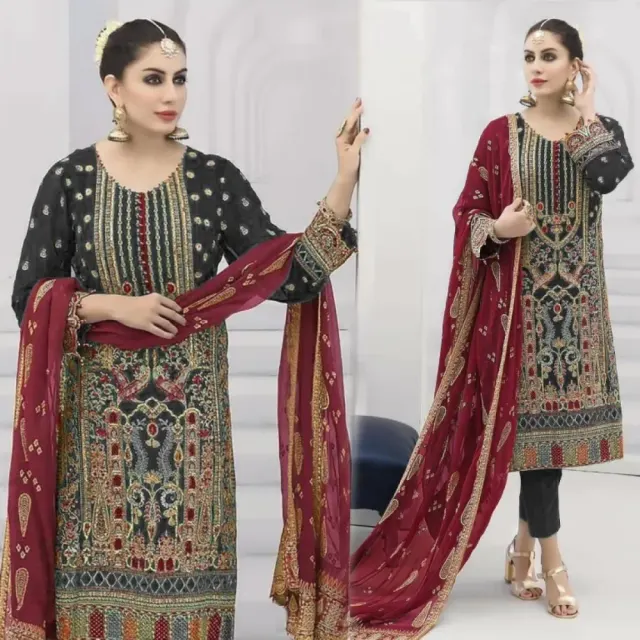 Black & Red Embroidered Georgette Semi-Stitched Salwar Suit