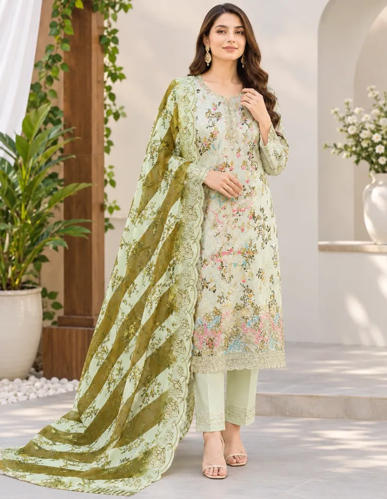 Cream & Olive Green Soft Cotton Digital Print Embroidered 3-Piece Salwar Kameez