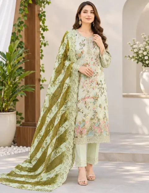 Cream & Olive Green Soft Cotton Digital Print Embroidered 3-Piece Salwar Kameez