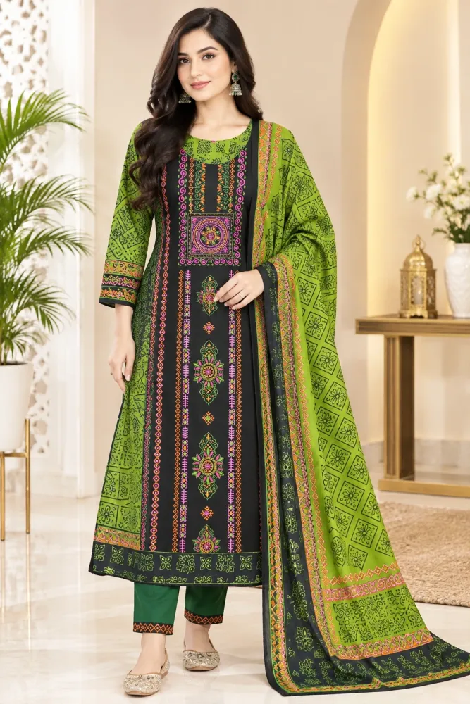 Black & Green Cotton Block Print Ready-Made 3-Piece Salwar Kameez