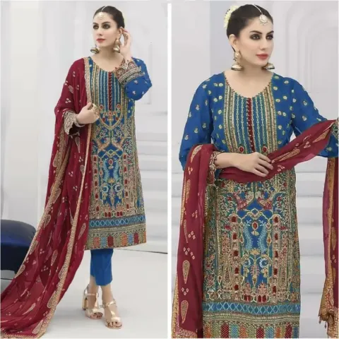 Royal Blue & Red Embroidered Georgette Semi-Stitched Salwar Suit