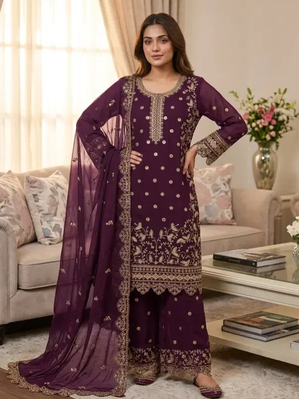 Purple Premium Embroidered Soft Georgette 4-Piece For Women