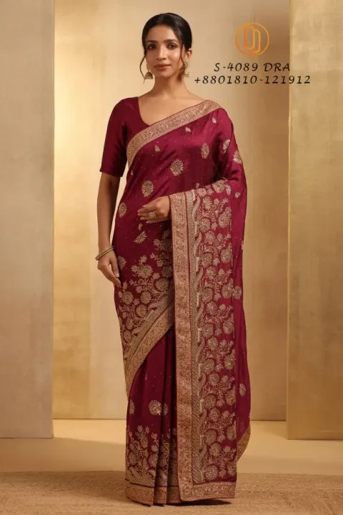 Blush Gold Zari Embroidered Saree (ব্লাশ গোল্ড জরির কাজ করা শাড়ি) I - Shopemart 1