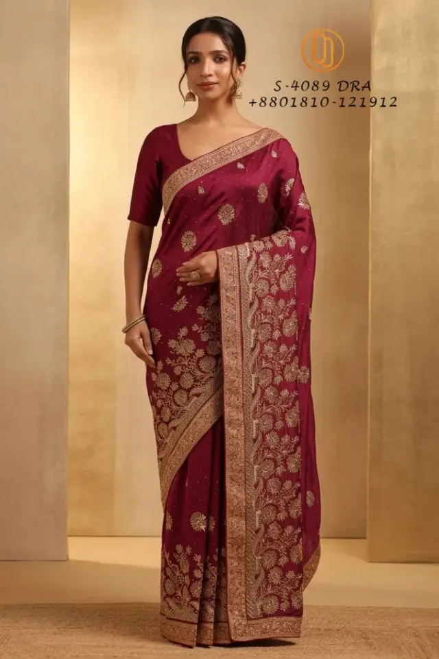 Blush Gold Zari Embroidered Saree (ব্লাশ গোল্ড জরির কাজ করা শাড়ি) I - Shopemart 1