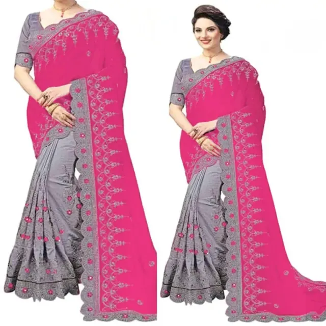 Rani Pink & Grey Embroidered Georgette Saree