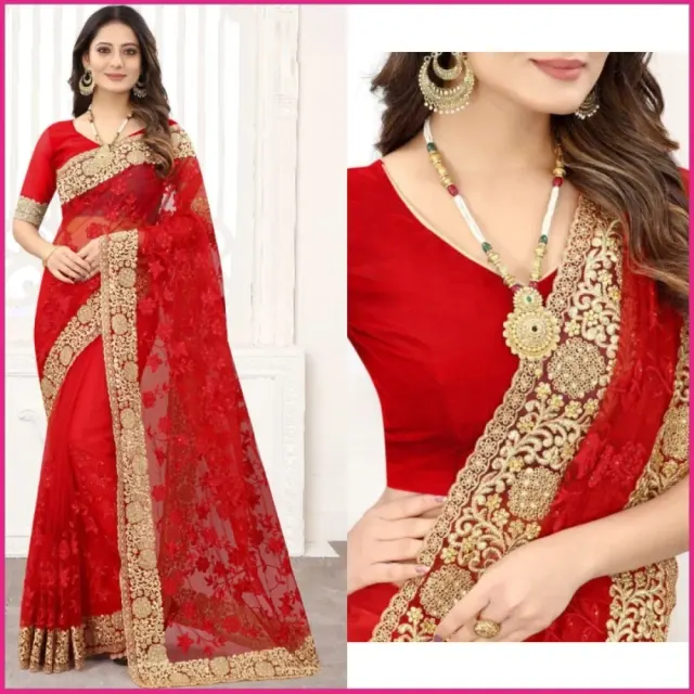 Designer Red Georgette Saree with Gold Embroidery – Elegant Designer Party Wear Saree - Shopemart