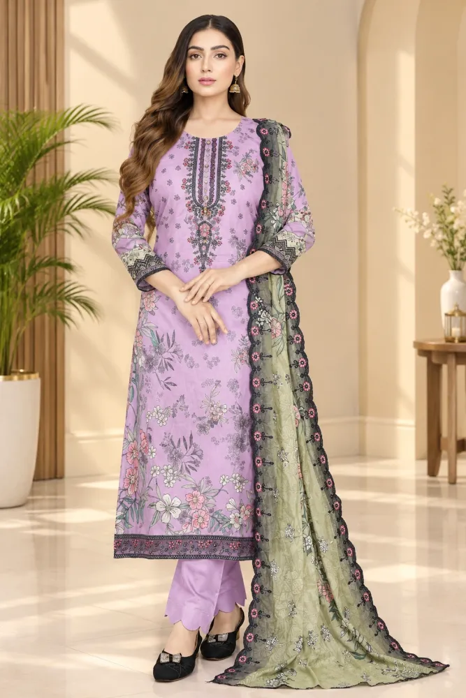 Lilac Soft Cotton Digital Print Embroidered & Sequin Work 3-Piece Salwar Kameez