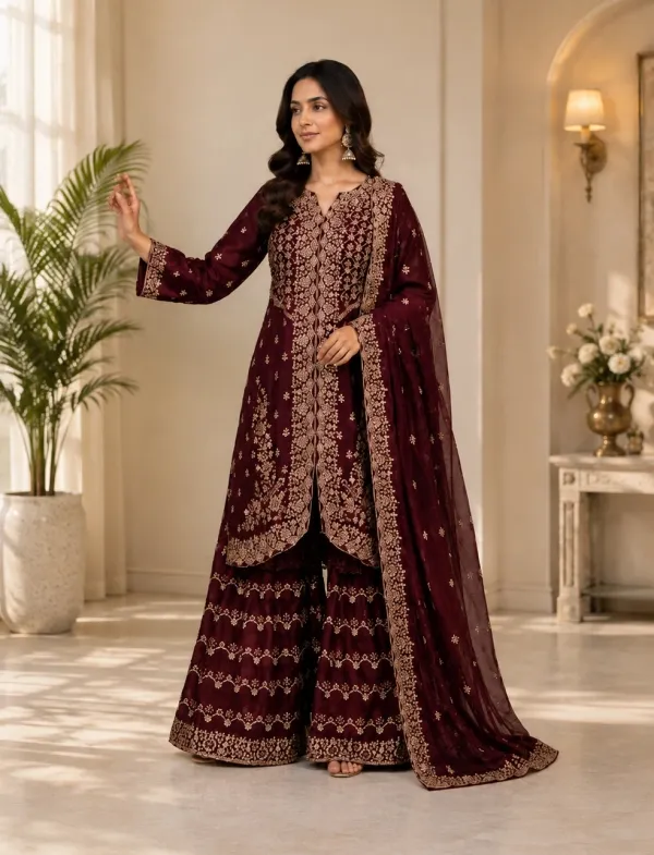 এমব্রয়ডারি করা জর্জেট শারারা সুট সেট