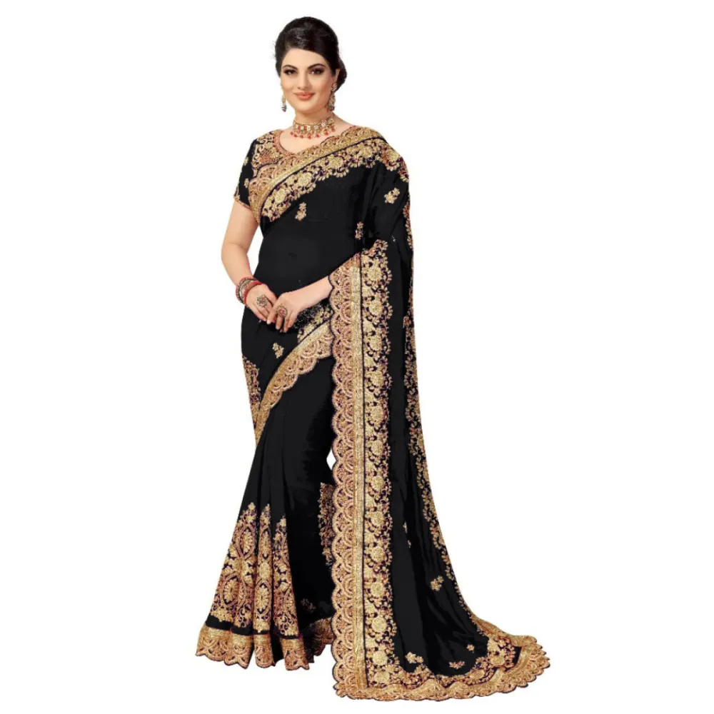 Black Designer Saree with Gold Embroidery – Traditional Indian Ethnic Wear for Women - Shopemart