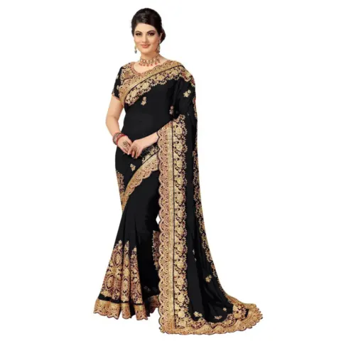 Black Designer Saree with Gold Embroidery – Traditional Indian Ethnic Wear for Women - Shopemart