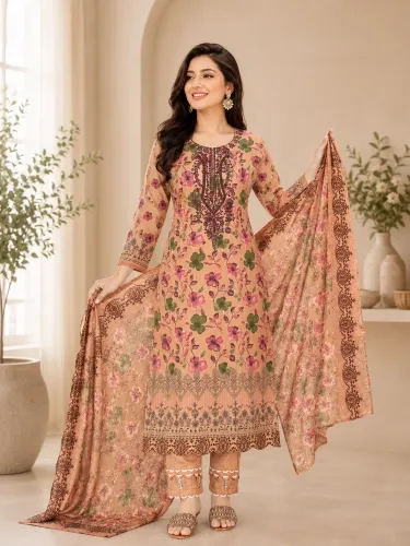 Peach Pink Soft Cotton Digital Print Embroidered & Sequin Work 3-Piece Salwar Kameez