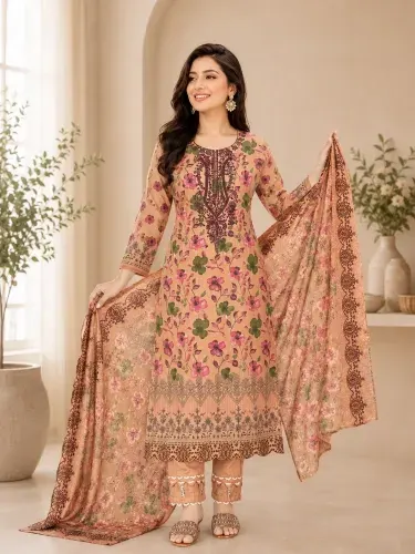 Peach Pink Soft Cotton Digital Print Embroidered & Sequin Work 3-Piece Salwar Kameez