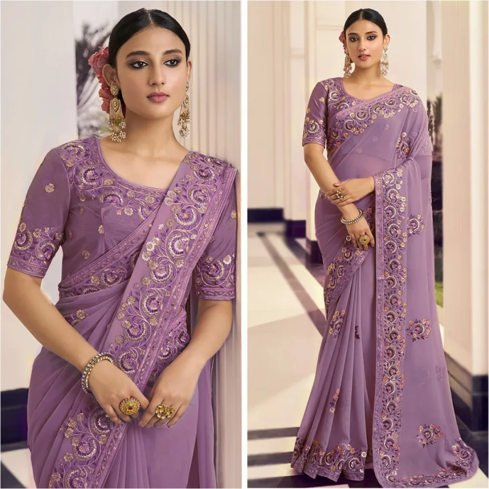 Lavender Embroidered Georgette Saree