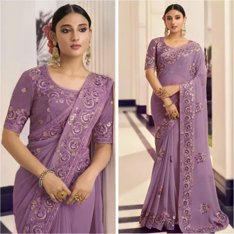 Lavender Embroidered Georgette Saree