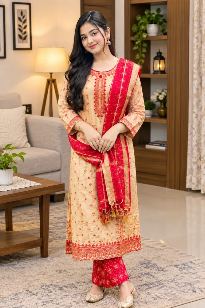 Beige & Red Cotton Block Print Ready-Made 3-Piece Salwar Kameez
