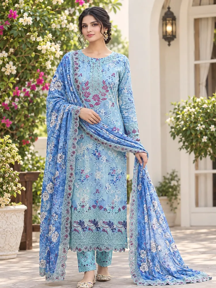 Sky Blue Soft Cotton Digital Print Embroidered 3-Piece Salwar Kameez