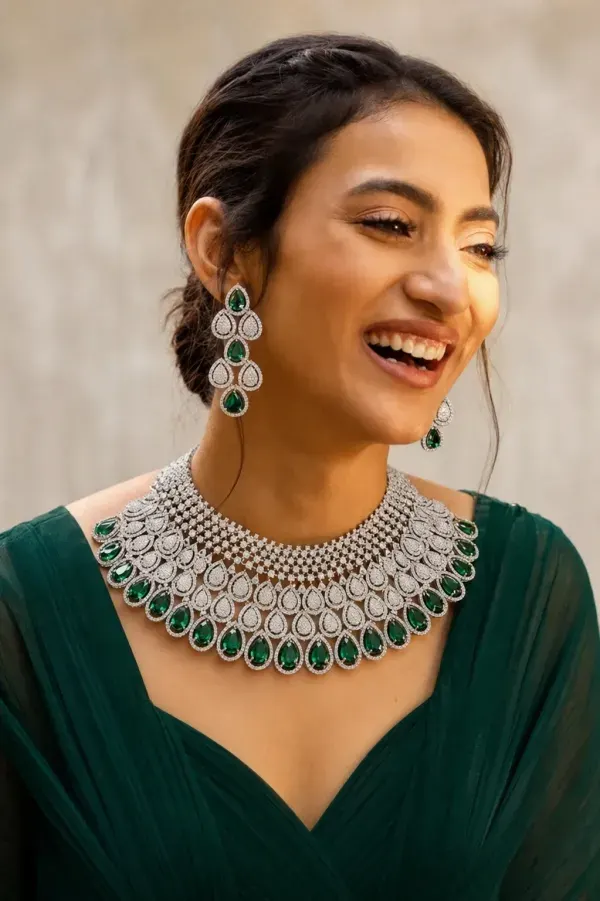 Green Premium Teardrop Stone Silver-Tone Necklace & Earrings Set