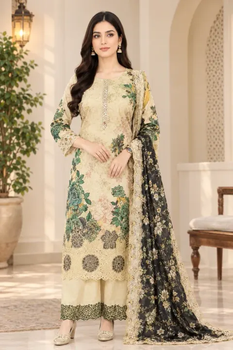 Cream & Black Soft Cotton Digital Print Embroidered 3-Piece Salwar Kameez