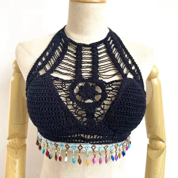 Black Premium Quality Jute Bra – Handmade Crochet Halter Bralette for Women