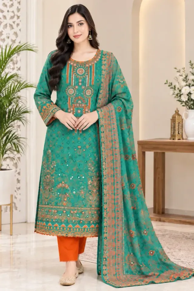 Teal Green Cotton Block Print Ready-Made 3-Piece Salwar Kameez